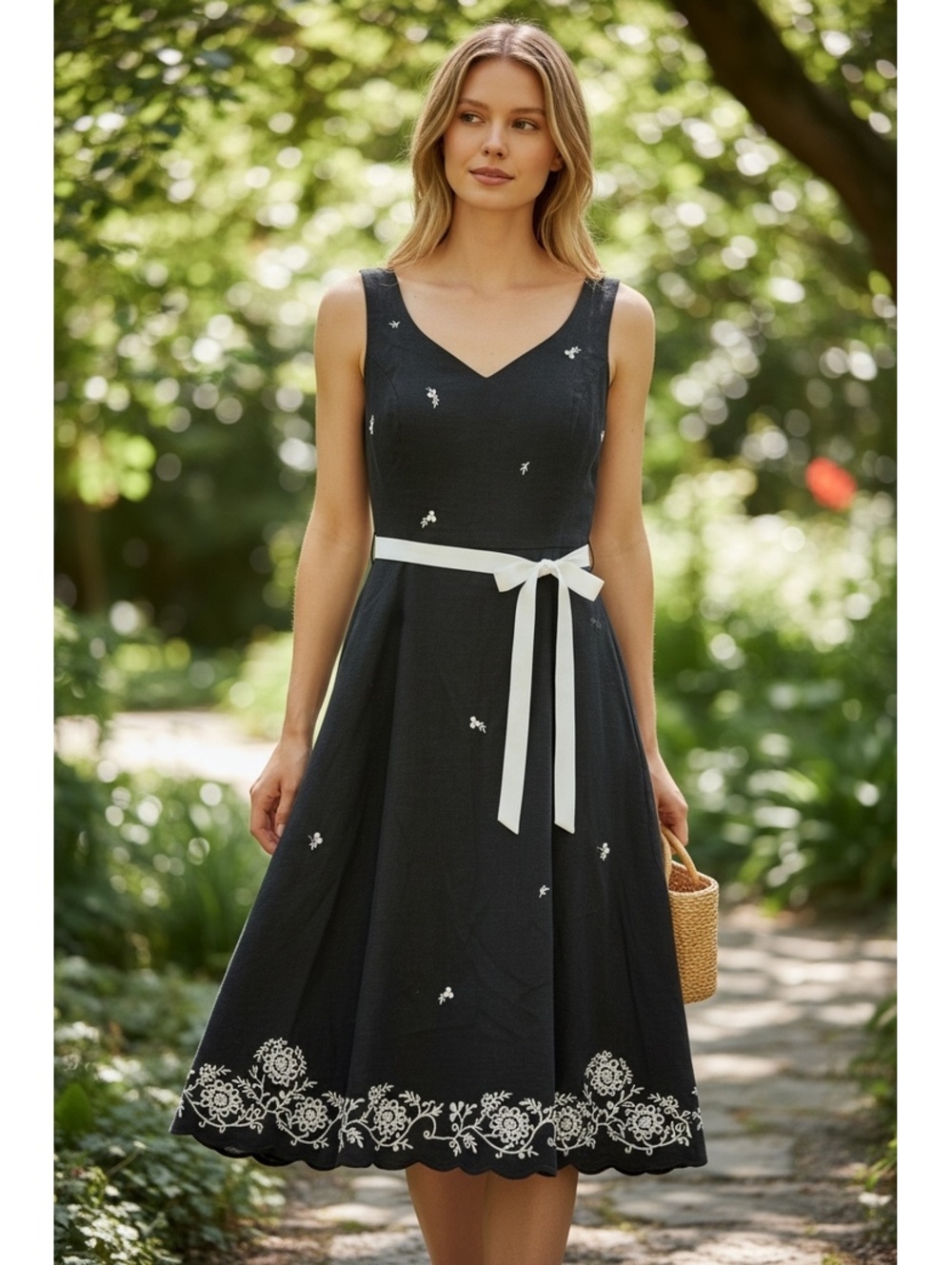 Black Embroidered Sleeveless Midi Dress with White Belt Size 14